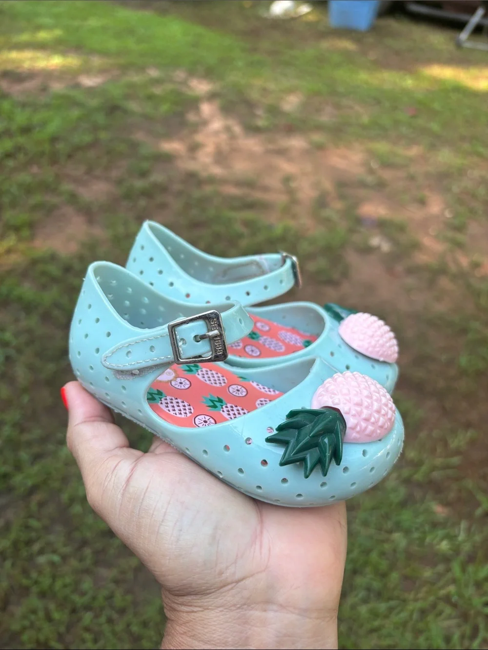 Mini Seed Mint Jelly Mary Janes with Pink Pineapple Appliqués